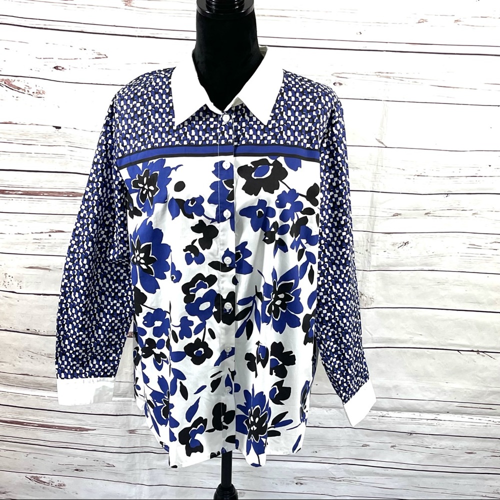 Bob Mackie Wearable Art Tunic Top Women’s Size L White Floral Button Up